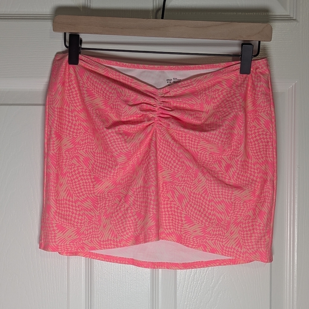 Aerie Pink Pattern Swim Cover Up Skirt Ruched Front Mid Rise Size M